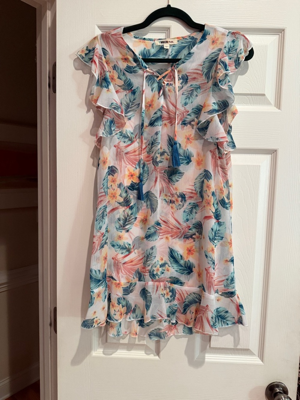 Miken Floral Mini Dress in White, Blue & Coral